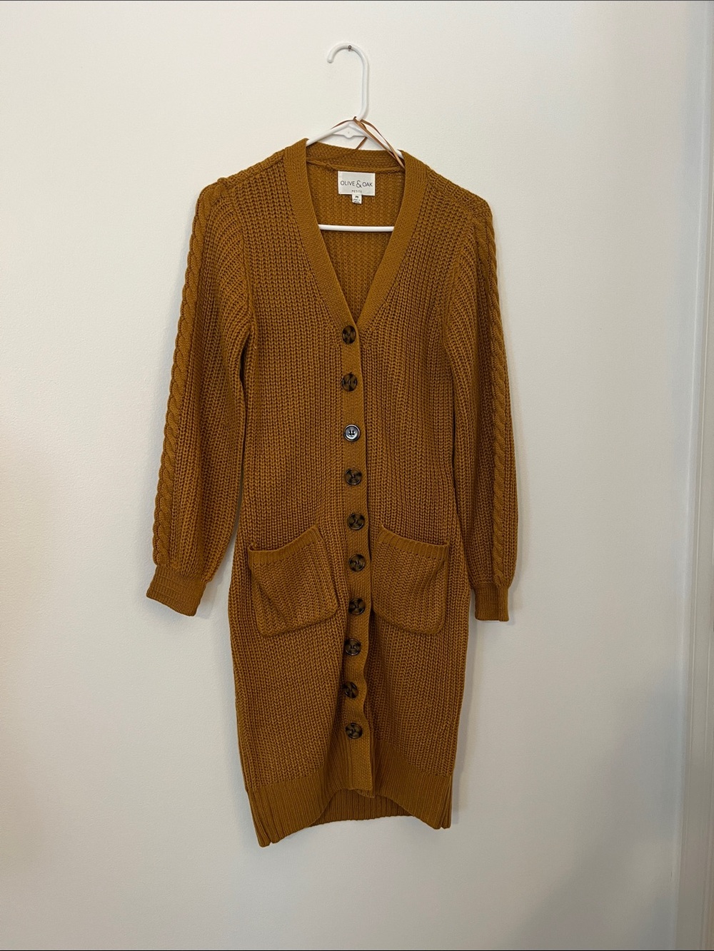 Olive & Oak Mustard Cable-Sleeve Button Cardigan